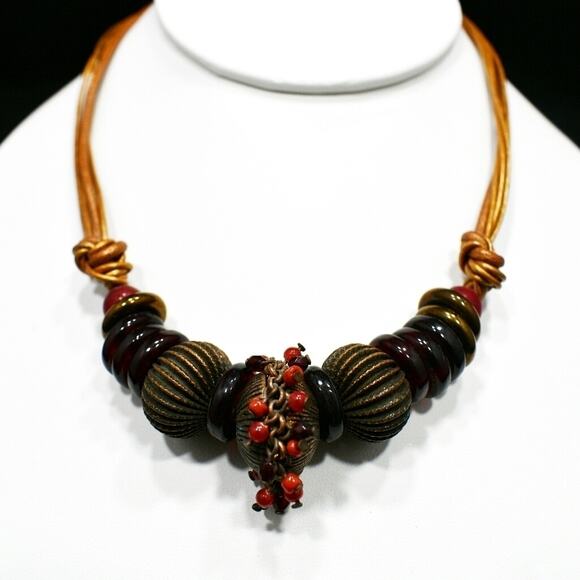 Chico’s Copper Leather Necklace Red Brown Beads Fringe Detail 5 Strands - Picture 2 of 9